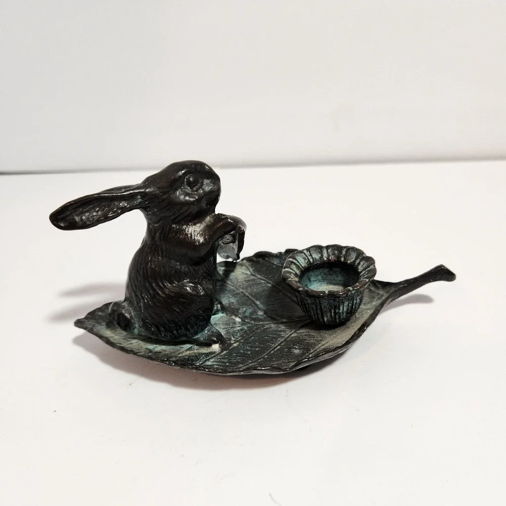 Vintage Bronze Rabbit on Leaf Sculpture Candle Holder Whimsical Animal Art Decor